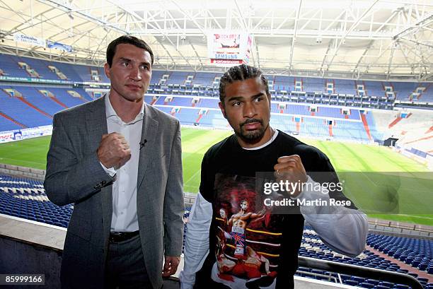 Wladimir Klitschko of Ukraine and David Haye of United Kingdom pose after the press conference at the Veltins Arena auf Schalke on April 16, 2009 in...