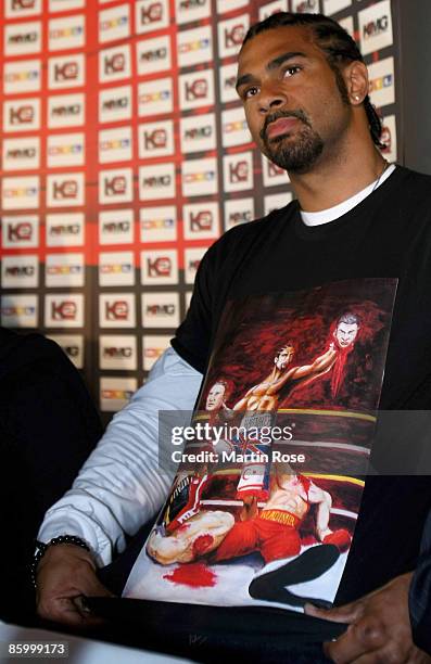 David Haye of United Kingdom attends the press conference at the Veltins Arena auf Schalke on April 16, 2009 in Gelsenkirchen, Germany. The IBF - IBO...