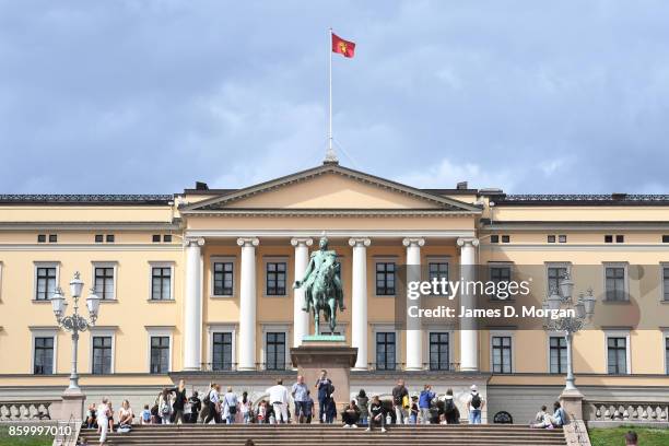 Statue of King Karl Johan outside The Royal palace in Oslo with a seagull resting on King Karl Johan's head with flag blowing in the wind in Oslo,...