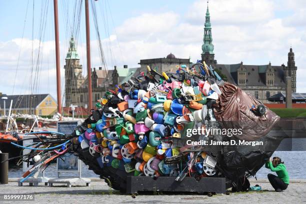 Large recycled plastic fish sculpture in Helsingor situated infront of the Kronborg Castle in Helsingor in Denmark in July 28th 2017.