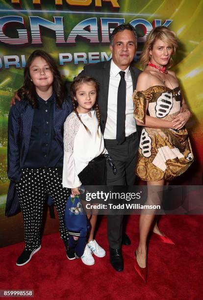 Mark Ruffalo, Sunrise Coigney and family attend the premiere of Disney And Marvel's "Thor: Ragnarok" on October 10, 2017 in Los Angeles, California.