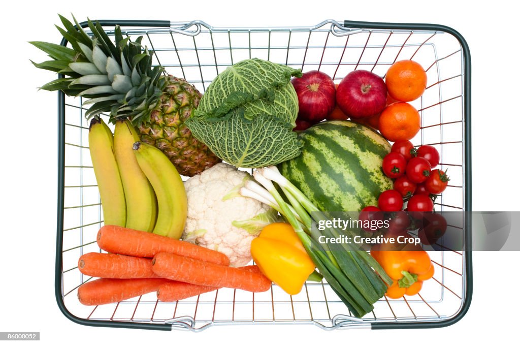 Steel wire shopping basket full of healthy food