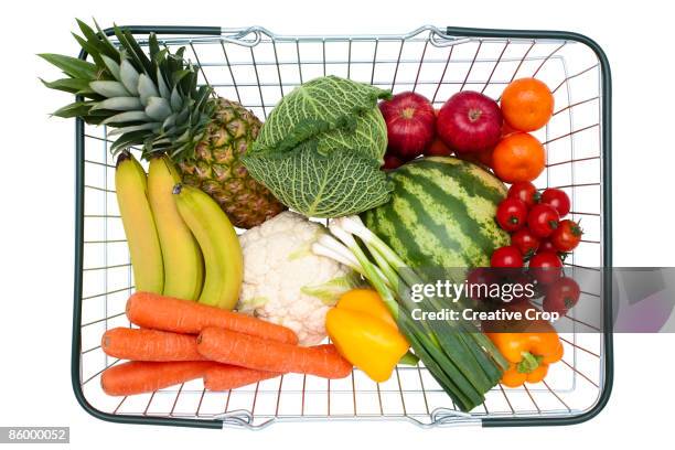 steel wire shopping basket full of healthy food - shopping basket above stock pictures, royalty-free photos & images