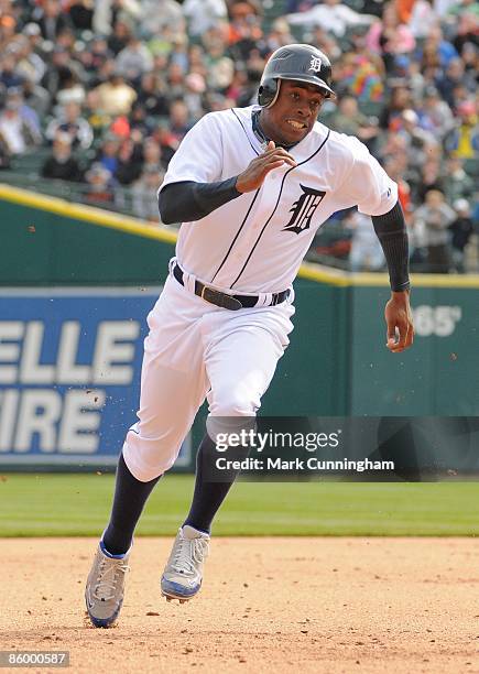 Curtis Granderson of the Detroit Tigers runs against the Chicago White Sox during the Jackie Robinson Day game at Comerica Park on April 15, 2009 in...