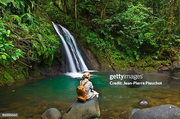 female hiker relaxing by a waterfall - guadeloupe bildbanksfoton och bilder