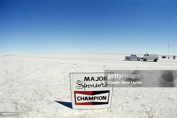 Racer approaches the line during Speed Week on the Bonneville Salt flats in August 1974 near Wendover, Utah.