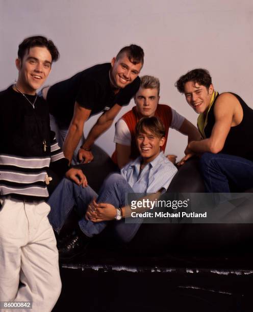 British boy band Take That, comprising Gary Barlow, Howard Donald, Jason Orange, Mark Owen, and Robbie Williams, London, 1991.
