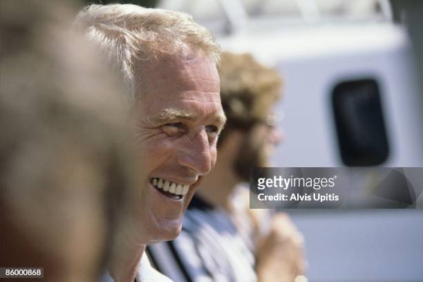 Paul Newman, as team owner, laughs while attending the Can Am held on August 10, 1980 at Brainerd International Raceway in Brainerd, Minnesota.
