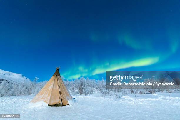 aurora borealis on sami tent, swedish lapland - suécia fotografías e imágenes de stock