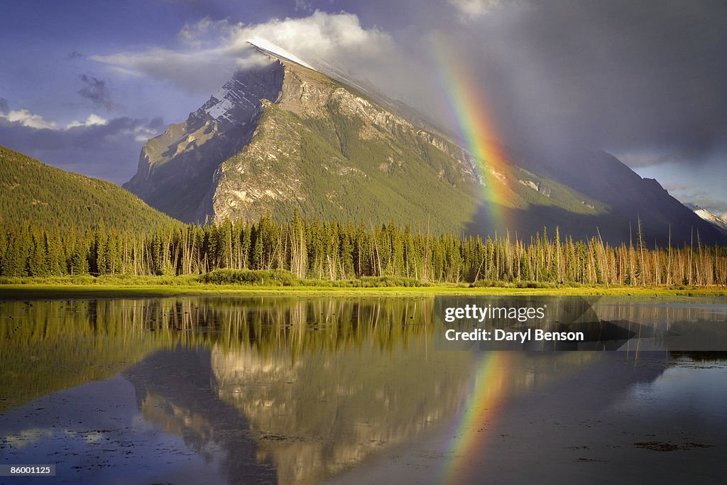 Rainbow over Canadian Mountain and Lake