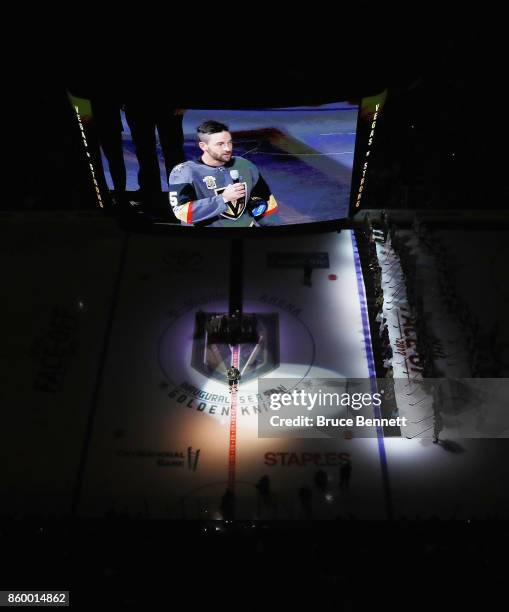 Deryk Engelland of the Vegas Golden Knights addresses the fans on the tradegy of the prior week in Las Vegas prior to the game between the Vegas...