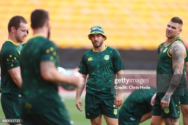 Ben Hunt looks on during an Australian Kangaroos Rugby League World Cup training session at Suncorp Stadium on October 11, 2017 in Brisbane,...