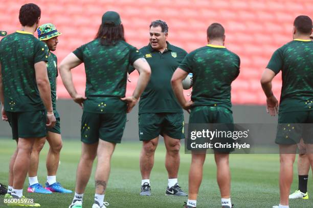 Coach Mal Meninga talks to players during an Australian Kangaroos Rugby League World Cup training session at Suncorp Stadium on October 11, 2017 in...