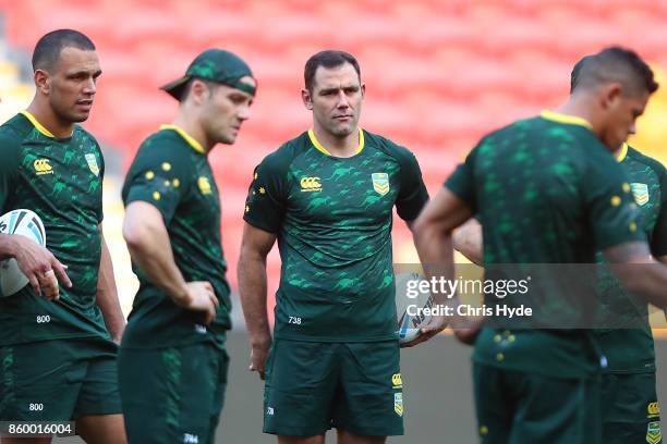 Cameron Smith looks on during an Australian Kangaroos Rugby League World Cup training session at Suncorp Stadium on October 11, 2017 in Brisbane,...