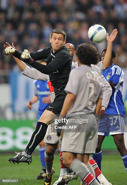 Mickael Landreau , goalkeeper of PSG FC makes an own-goal during the UEFA Cup quarter-finals, second leg football match in Kiev on April 16, 2009....