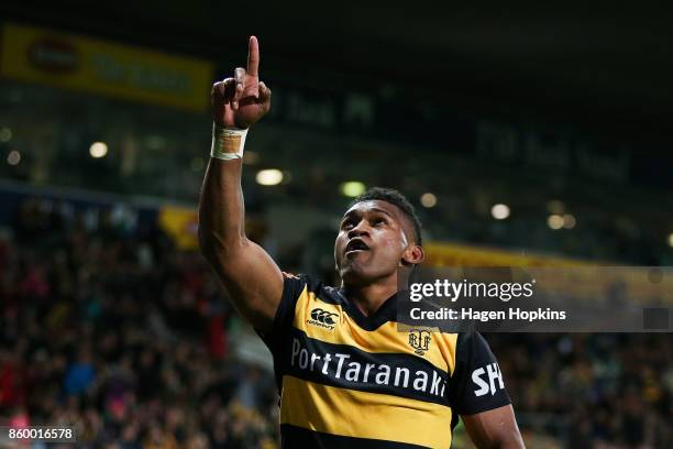 Waisake Naholo of Taranaki celebrates after scoring a try during the round nine Mitre 10 Cup and Ranfurly Shield match between Taranaki and Manawatu...