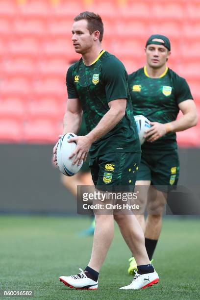 Michael Morgan kicks during an Australian Kangaroos Rugby League World Cup training session at Suncorp Stadium on October 11, 2017 in Brisbane,...