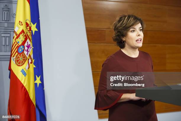 Soraya Saenz de Santamaria, Spain's deputy prime minister, speaks during a news conference in Madrid, Spain, on Tuesday, Oct. 10, 2017. Today Mr....