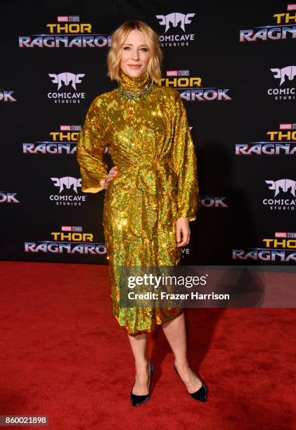 Actress Cate Blanchett arrives at the Premiere Of Disney And Marvel's "Thor: Ragnarok" on October 10, 2017 in Los Angeles, California.