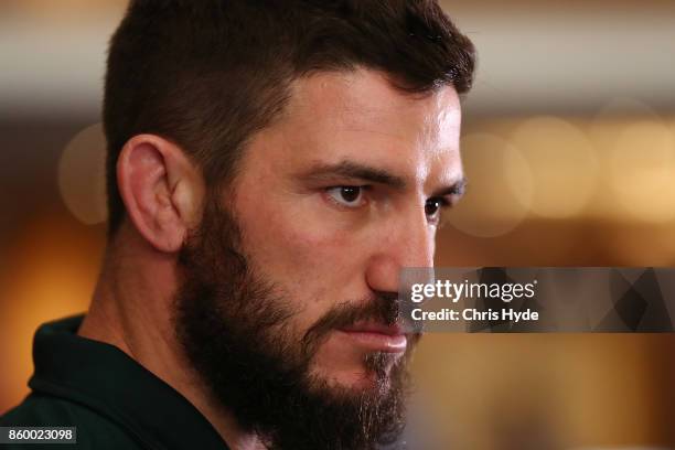 Matt Gillett speaks to media during an Australian Kangaroos Rugby League World Cup media opportunity at Suncorp Stadium on October 11, 2017 in...