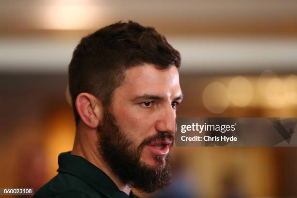 Matt Gillett speaks to media during an Australian Kangaroos Rugby League World Cup media opportunity at Suncorp Stadium on October 11, 2017 in...