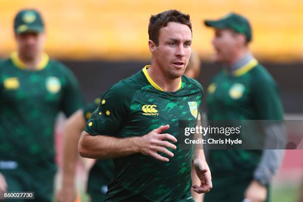 James Maloney runs during an Australian Kangaroos Rugby League World Cup training session at Suncorp Stadium on October 11, 2017 in Brisbane,...