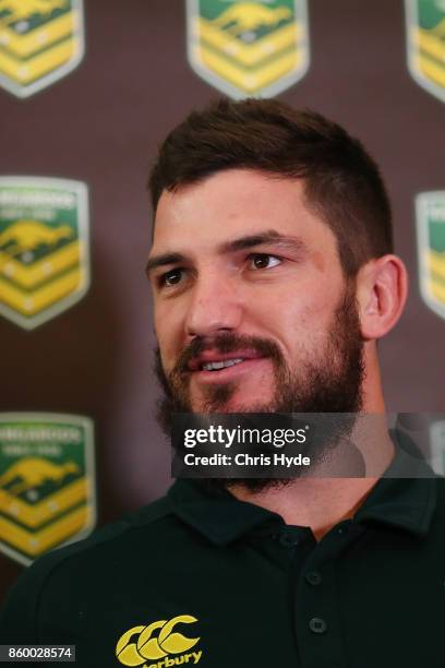 Matt Gillett speaks to media during an Australian Kangaroos Rugby League World Cup media opportunity at Suncorp Stadium on October 11, 2017 in...