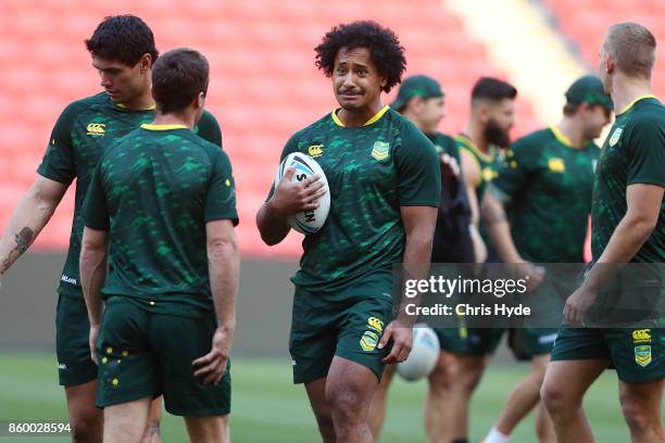 Felise Kaufusi looks on during an Australian Kangaroos Rugby League World Cup training session at Suncorp Stadium on October 11, 2017 in Brisbane,...