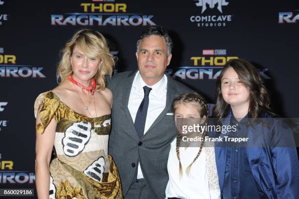 Actors Mark Ruffalo and Sunrise Coigney attend the premiere of Disney and Marvel's "Thor: Ragnarok" on October 10, 2017 at the El Capitan Theater in...