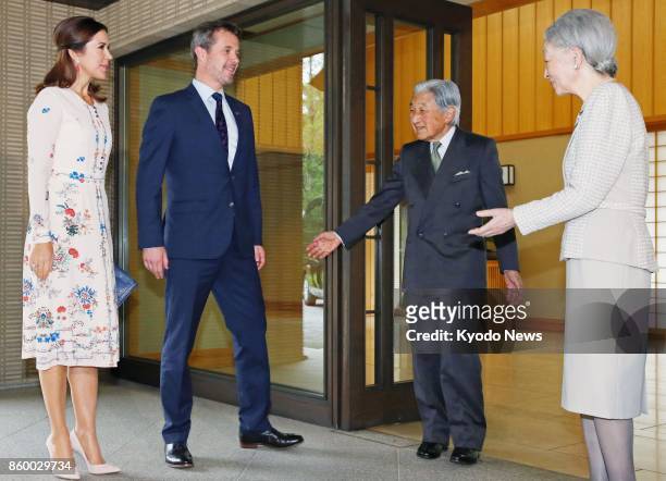 Denmark's Crown Prince Frederik and Crown Princess Mary are welcomed by Japanese Emperor Akihito and Empress Michiko for lunch at the Imperial Palace...