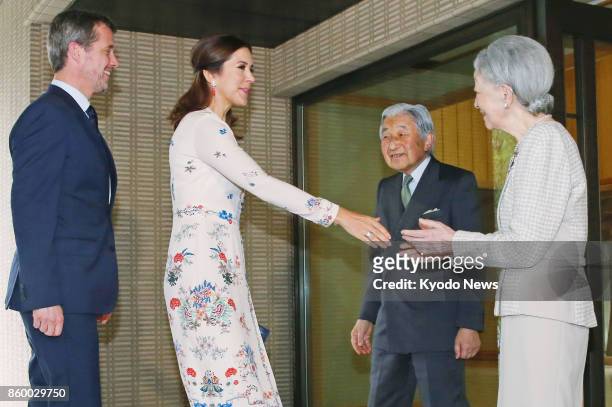 Denmark's Crown Prince Frederik and Crown Princess Mary are welcomed by Japanese Emperor Akihito and Empress Michiko for lunch at the Imperial Palace...