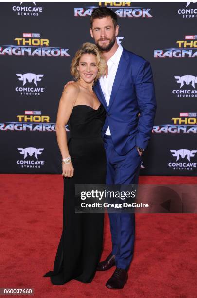 Chris Hemsworth and wife Elsa Pataky arrive at the premiere of Disney and Marvel's "Thor: Ragnarok" at the El Capitan Theatre on October 10, 2017 in...