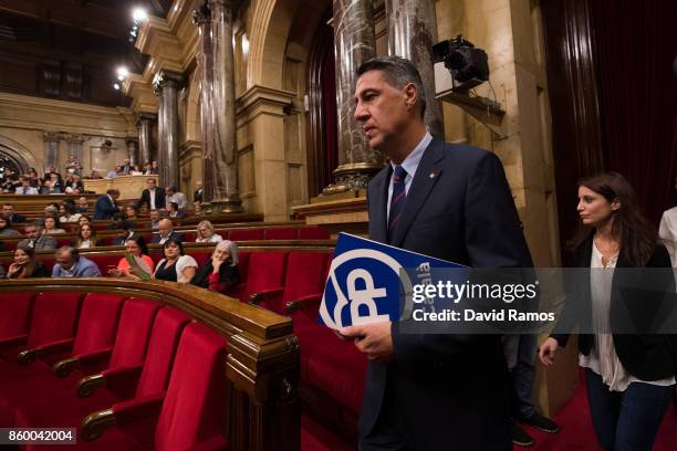 President of the Popular Party of Catalonia Xavier Garcia Albiol enters the chamber of the Catalan Parliament on October 10, 2017 in Barcelona,...