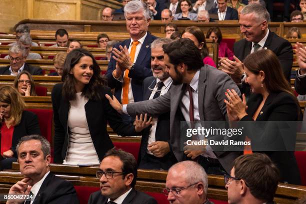 Members of the Ciudadanos party acknowledge their spokeperson, Ines Arrimadas, after her speech to the Catalan Parliament on October 10, 2017 in...