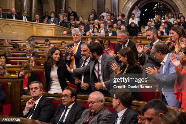 Members of the Ciudadanos party acknowledge their spokeperson, Ines Arrimadas, after her speech to the Catalan Parliament on October 10, 2017 in...