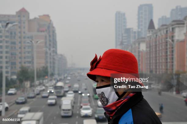 Woman walks past the building shrouded in severe Air Pollution on October 11, 2017 in Harbin, China.The blue alert which is the most serious level...
