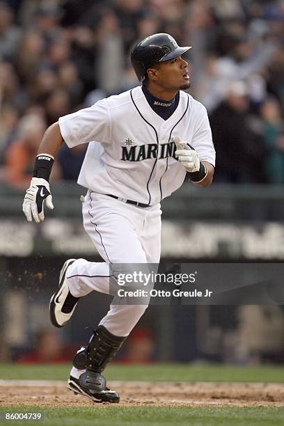 Franklin Gutierrez of the Seattle Mariners runs to firstbas against the Los Angeles Angels of Anaheim during the Opening Day game on April 14, 2009...