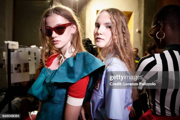 Models are seen backstage ahead of the Stella Jean show during Milan Fashion Week Spring/Summer 2018on September 24, 2017 in Milan, Italy.