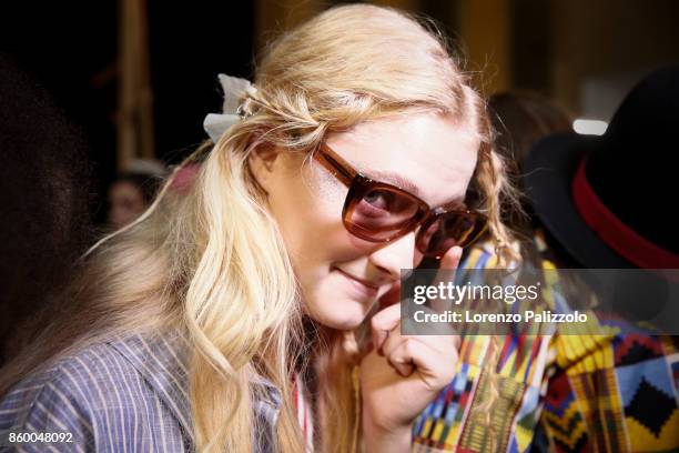 Model is seen backstage ahead of the Stella Jean show during Milan Fashion Week Spring/Summer 2018on September 24, 2017 in Milan, Italy.