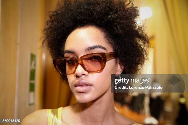 Model is seen backstage ahead of the Stella Jean show during Milan Fashion Week Spring/Summer 2018on September 24, 2017 in Milan, Italy.