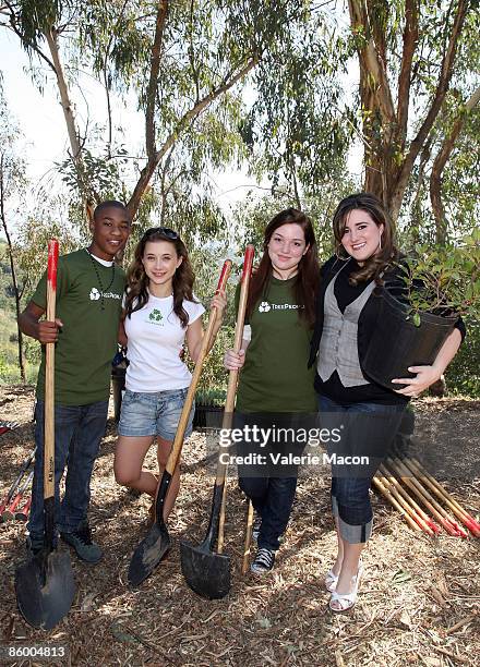 Actors Justin Martin, Olesya Rulin, Jennifer Stone and Kaycee Stroh attend a tree planting event hosted by EMA and TreePeople in honor of the Oscar...