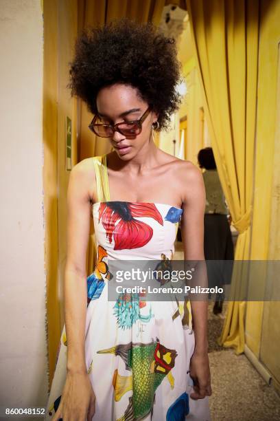 Model is seen backstage ahead of the Stella Jean show during Milan Fashion Week Spring/Summer 2018on September 24, 2017 in Milan, Italy.