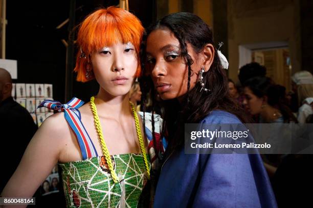 Models are seen backstage ahead of the Stella Jean show during Milan Fashion Week Spring/Summer 2018on September 24, 2017 in Milan, Italy.