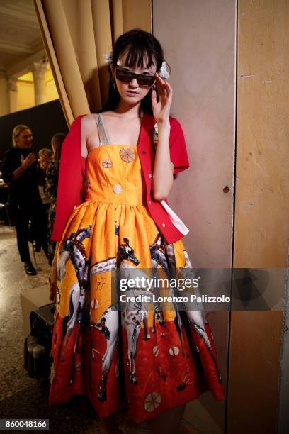 Model is seen backstage ahead of the Stella Jean show during Milan Fashion Week Spring/Summer 2018on September 24, 2017 in Milan, Italy.