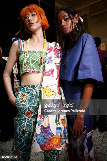 Models are seen backstage ahead of the Stella Jean show during Milan Fashion Week Spring/Summer 2018on September 24, 2017 in Milan, Italy.