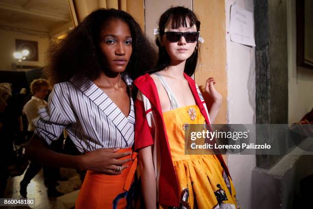 Models are seen backstage ahead of the Stella Jean show during Milan Fashion Week Spring/Summer 2018on September 24, 2017 in Milan, Italy.