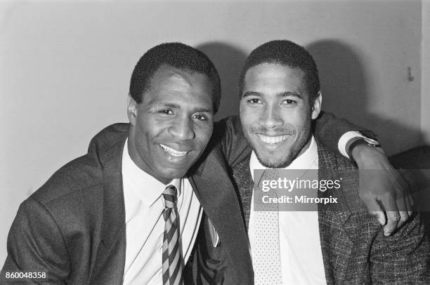 Luther Blissett, and John Barnes pose together in April 1987,Both are football players for Watford,John Barnes played for Watford, 1981 to 1987,...
