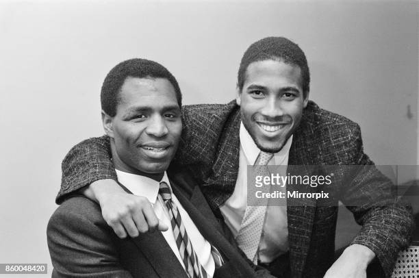 Luther Blissett, and John Barnes pose together in April 1987,Both are football players for Watford,John Barnes played for Watford, 1981 to 1987,...