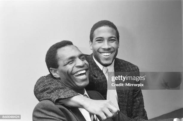 Luther Blissett, and John Barnes pose together in April 1987,Both are football players for Watford,John Barnes played for Watford, 1981 to 1987,...