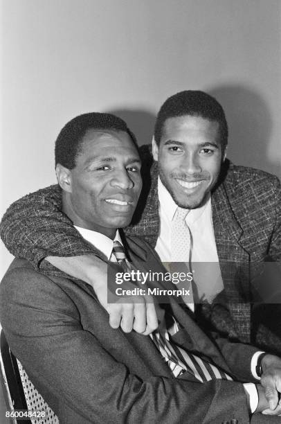 Luther Blissett, and John Barnes pose together in April 1987,Both are football players for Watford,John Barnes played for Watford, 1981 to 1987,...